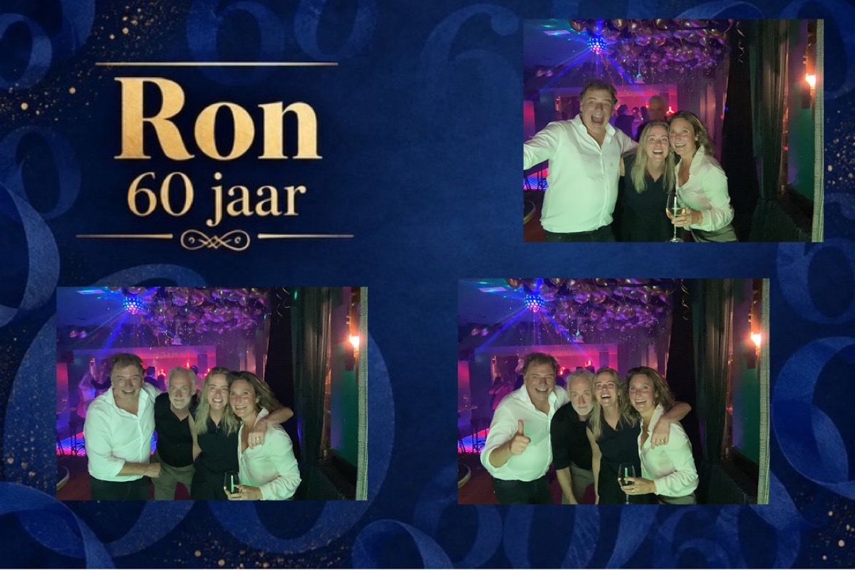 Echte ansichtkaart van een 60e verjaardag met drie foto's en een blauw-gouden ontwerp met naam en leeftijd